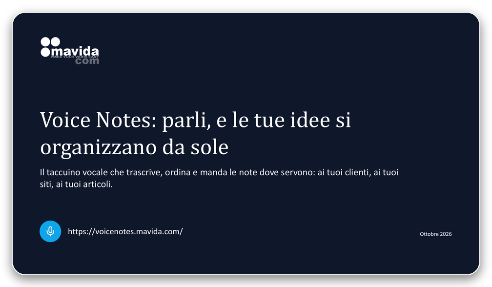 Copertina della presentazione di Voice Notes, l'app per note vocali dell'ecosistema Mavida, scaricabile in PDF