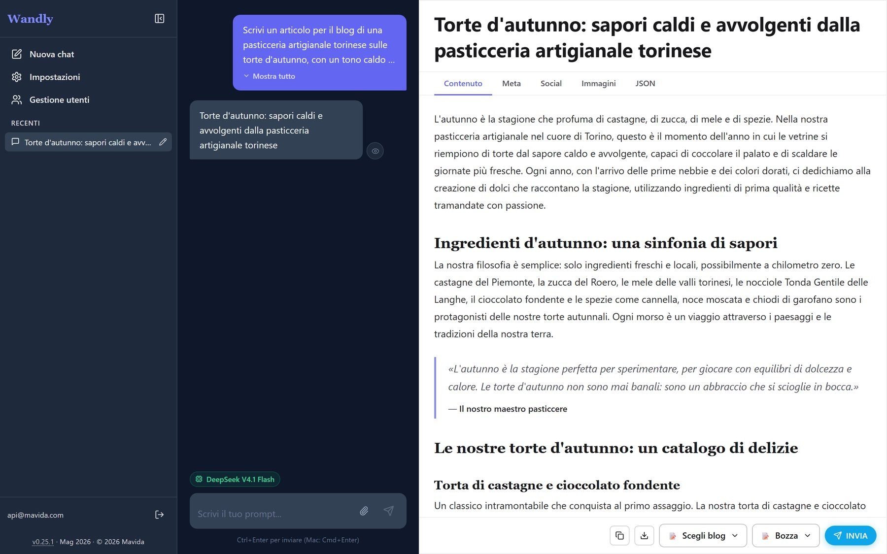 Wandly con un articolo generato da un prompt e i pulsanti per scegliere il blog WordPress e inviarlo come bozza