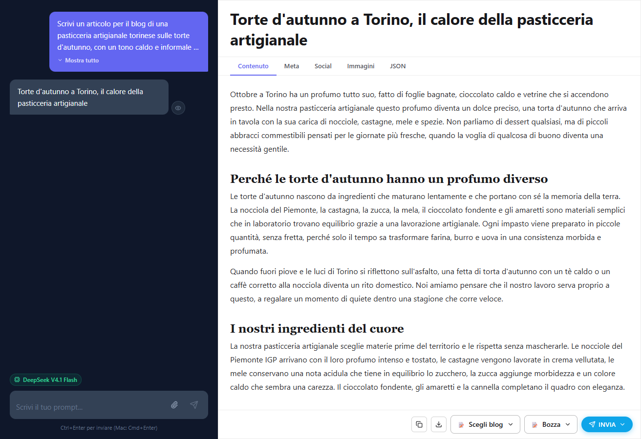 La chat di Wandly con il canvas a fianco: un articolo di esempio sulle torte d'autunno pronto per WordPress