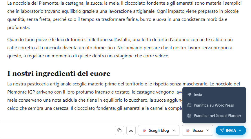 Il menu INVIA di Wandly con le voci Invia, Pianifica su WordPress e Pianifica nel Social Planner