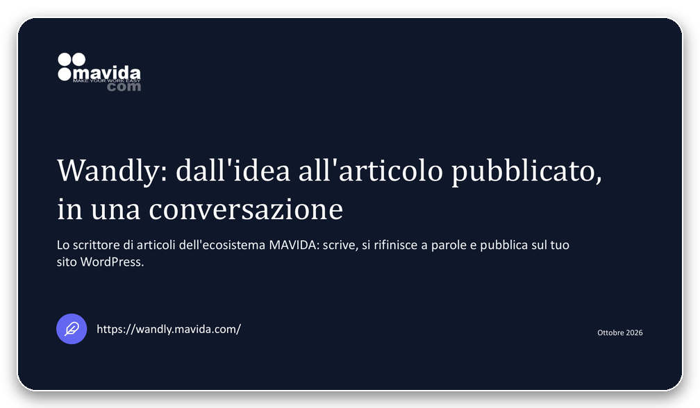 Copertina della presentazione di Wandly, l'app per scrivere articoli WordPress con l'AI dell'ecosistema Mavida, scaricabile in PDF
