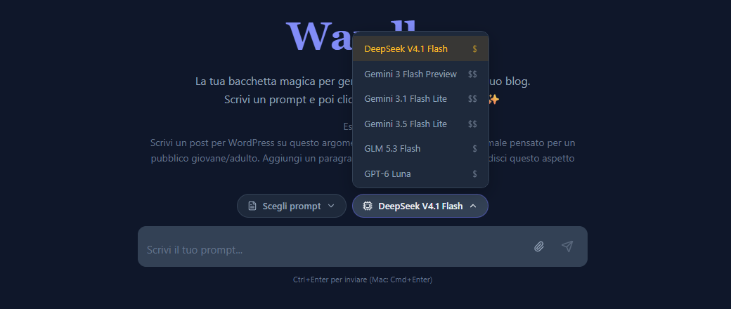 La schermata di benvenuto di Wandly con la tendina per scegliere il modello AI e la fascia di costo