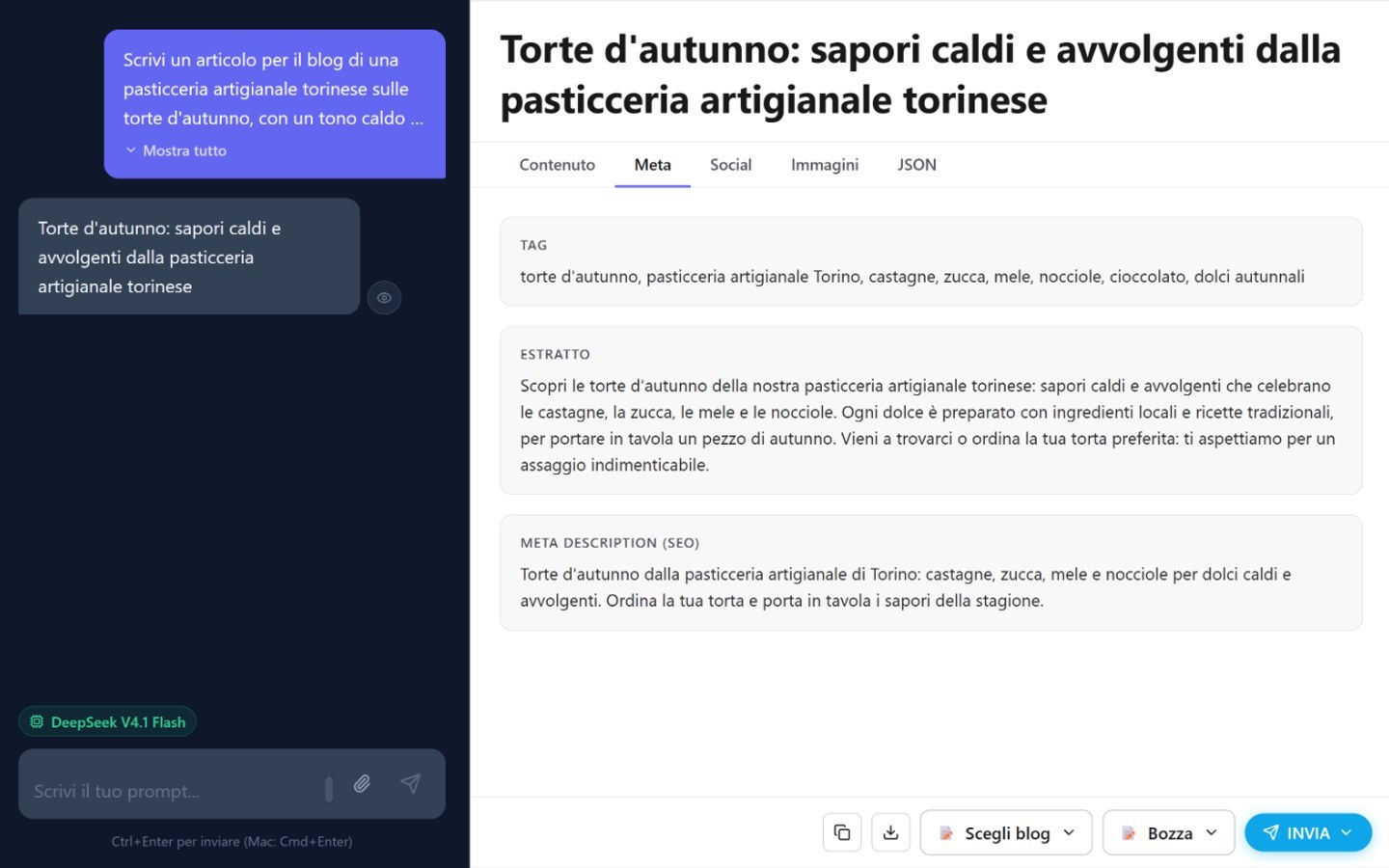 La scheda Meta di Wandly con i tag, l'estratto e la meta description generati insieme all'articolo WordPress