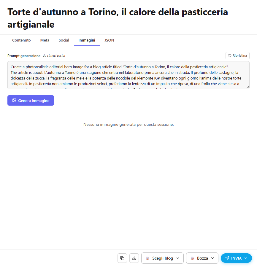 La scheda Immagini di Wandly con il prompt per la copertina dell'articolo e il pulsante Genera immagine